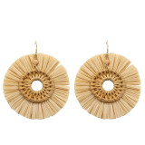 Leopard Print Wicker Woven Round Coin and Fringe Earrings