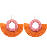 Leopard Print Wicker Woven Round Coin and Fringe Earrings