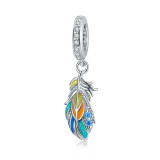 bamoer Silver Colorful Feather Pendant Charm fit Original Bracelet for Women 925 Sterling Silver Jewelry Making BSC304