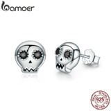 BAMOER Genuine 925 Sterling Silver Skull Skeleton Stud Earrings for Women Black Clear CZ Sterling Silver Jewelry Brincos SCE064 BAMOER Genuine 925 Sterling Silver Skull Skeleton Stud Earrings for Women Black Clear CZ Sterling Silver Jewelry Brincos SCE064