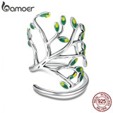 BAMOER 925 Sterling Silver Tree of Life Green Tree Leaves Adjustable Finger Rings for Women Sterling Silver Jewelry SCR454