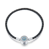 BAMOER Genuine 925 Sterling Silver Round Clasp Dazzling Clear CZ Leather Bracelets for Women Sterling Silver Jewelry SCB114