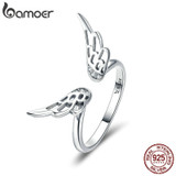 BAMOER Authentic 925 Sterling Silver Classic Feathers Wings Adjustable Finger Rings for Women Wedding Engagement Jewelry SCR457