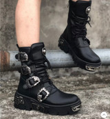 Skull buckle gothic ankle boots