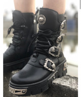 Skull buckle gothic ankle boots