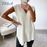 Women V Neck Sleeveless Sweater Vest Knitted jumper Autumn Winter Split White Korean Preppy Pullover Loose Top Casual