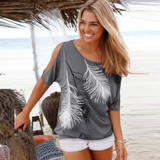 Women Summer 2019 Tshirt Casual Short Sleeve Tops Tees Sexy Off Shoulder Feather Print T-Shirt O-neck Loose Plus Size 5XL Shirts