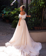 Charming Off the Shoulder Lace Wedding Bridal Gown With Ostrich Feathers