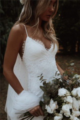 Boho Mermaid Wedding Dress with Spaghetti Straps Backless Sexy Beach Bohemian Bridal Gown