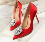 Faux Silk Satin Stiletto Rhinestone Crystal Shallow Woman's High Heel Pumps