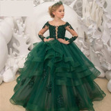 Luxury Green Lace Flower Girl Tiered Ball Gown Pageant Dress