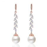 Cubic Zirconia Crystal Leaf Long Drop Earrings With Imitation Pearls
