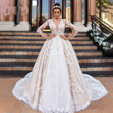 Long Sleeve Luxury Beaded Lace Appliques V-Neck Princess Bride Wedding Gown