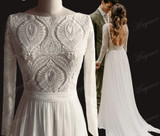 Boho Long Sleeves Lace  Elegant Wedding Dress Chiffon Detachable Train