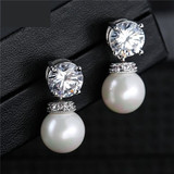 Fashion Round Simulated Pearl & Zirconia Long Drop Earrings Bridal Wedding Jewelry
