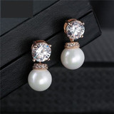 Fashion Round Simulated Pearl & Zirconia Long Drop Earrings Bridal Wedding Jewelry