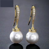 Fashion Round Simulated Pearl & Zirconia Long Drop Earrings Bridal Wedding Jewelry