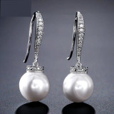Fashion Round Simulated Pearl & Zirconia Long Drop Earrings Bridal Wedding Jewelry