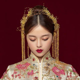 Traditional Chinese Bridal Headdress Costume Gold Beads Pearls Wedding Hair Accessories