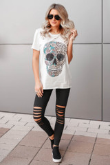 Edgy Chic Distressed Graphic Tee - Ivory