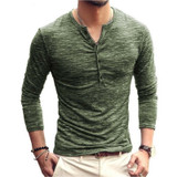 Men V-neck Long Sleeve Stylish Slim Button Up T-shirt