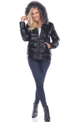 White Mark Metallic Black Puffer Coat With Hoodie