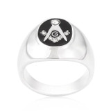 Rhodium Plated Onyx Cubic Zirconia Masonic Ring