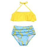 2PCS Yellow Ruffle Halter Swimsuits with Blue Bikini Bottom