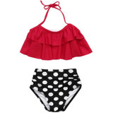 2PCS Red Ruffle Halter Bikini with Polka Dot Bottom