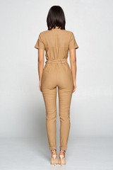 Short Sleeve Jumpsuit With A Notched Collar Neckline ,button Down Front, Pocket Detail Finished Off With A Self Tie Belt