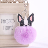 BOSTON TERRIER POMPOM FAUX FUR KEYCHAIN