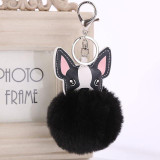 BOSTON TERRIER POMPOM FAUX FUR KEYCHAIN