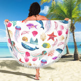 Watercolor Ocean Beach Blanket with Whales Fish Starfish and Jellyfish