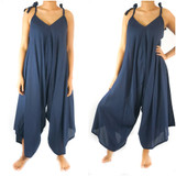 Solid Blue Boho Hippie Jumpsuit Rompers