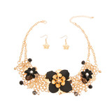 Gold Chainmail Black Flower Statement Necklace