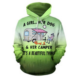 3D Camping Hoodie A Girl Her Dog And Her Camper Green Full Size