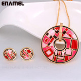 Pink Geometric Pattern18K Gold-Plated Enamel Circular Pendant Necklace + Earrings