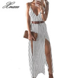 Women Vertical Striped Dress Summer Sleeveless V-Neck Irregular  Long Dresses