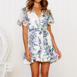 LOSSKY Elegant Floral Print Mini Dress Casual V Neck Ruffles Short Sleeve Sashes Chiffon Dress Women Summer Beach Dress Vestidos