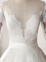 Stunning Jewel Satin Tulle White Wedding Dress Half Sleeves Appliques Bridal Gowns
