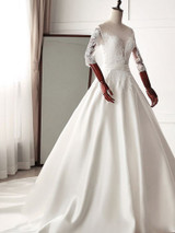 Stunning Jewel Satin Tulle White Wedding Dress Half Sleeves Appliques Bridal Gowns