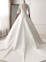 Stunning Jewel Satin Tulle White Wedding Dress Half Sleeves Appliques Bridal Gowns