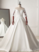 Stunning Jewel Satin Tulle White Wedding Dress Half Sleeves Appliques Bridal Gowns