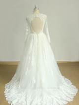 Gorgeous Longsleeves White Appliques Wedding Dress Tulle Lace Jewel Bridal Gown