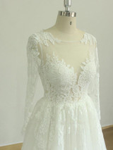 Gorgeous Longsleeves White Appliques Wedding Dress Tulle Lace Jewel Bridal Gown