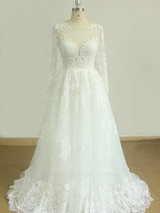 Gorgeous Longsleeves White Appliques Wedding Dress Tulle Lace Jewel Bridal Gown