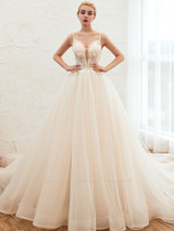 Elegant Spaghetti-Starps Tulle Wedding Dress With Appliques