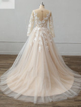 Champagne Tulle Ivory Lace Long Bridal gown Floor-Length A-line Wedding dress