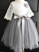 Round Neck Lace Top Grey Tulle Skirt Flower Girl Dress, Lovely Cheap Little Girl Dress