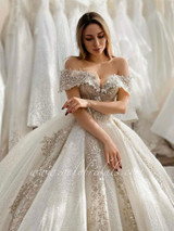 Strapless Sweetheart Tulle Champagne Lace A-line Wedding Dress Occasion Dress